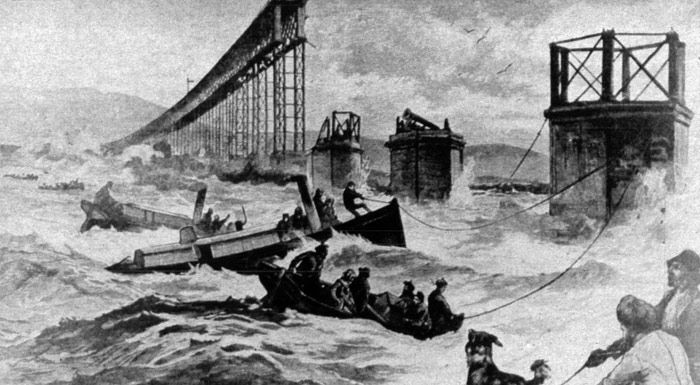 Hundimiento del puente sobre el estuario del río Tay en Gran Bretaña. En 1980 se cumplía el centenario.