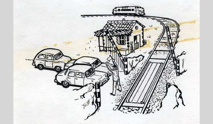 Dibujo de paso a nivel con barreras parando la circulación (1969). Archivo Histórico Ferroviario FF-0738