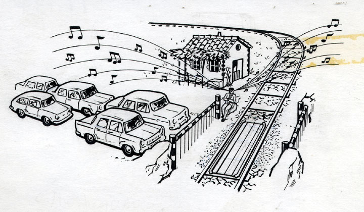 Dibujo de paso a nivel con coches detenidos y guardabarreras esperando el paso de los trenes (1969). Archivo Histórico Ferroviario FF-0739